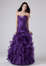 Fashionable Beading And Ruffles Organza Strapless Floor-length Column Prom Dress Purple