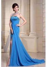 Asymmetrical Neckline and Beading For Prom Dress With High Slit