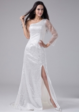 High Slit Sequins One Shoulder Brush / Sweep Column Prom Dress White