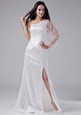 High Slit Sequins One Shoulder Brush / Sweep Column Prom Dress White