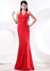 Red Column Prom Dress With Halter Brush Train For Custom Made