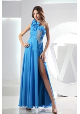 One Shoulder Empire Ankle-length Beading Baby Blue Chiffon Prom Dress