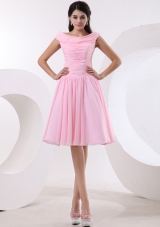 Bateau Baby Pink Prom Dress With Ruched Bodice