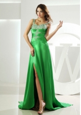 Beading Straps Prom Dress Watteau Elastic Woven Satin Column Spring Green