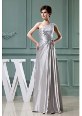 Beading One Shoulder Grey Floor-length Taffeta Column Prom Dress