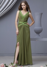 Beading Decorate Bodice V-neck High Slit Olive Green Chiffon 2013 Prom Dress Floor-length