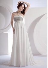 Appliques Decorate Bodice Strapless White Chiffon Brush Train 2013 Prom Dress