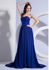 Beading Decorate Up Bodice Blue Chiffon Brush Train 2013 Prom Dress