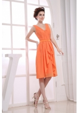 V-neck Orange Knee-length Ruching Bridesmaid Dress For 2013