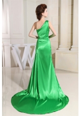 Spring Green Prom Dress With One Shoulder High Slit Brush Train - US$138.67