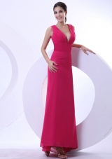 Sexy Prom Dress With Hot Pink V-neck and Ankle-length