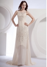 Champagne Beading Decorate Scoop Chiffon Brush Train 2013 Prom Dress