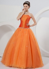 Orange A-line Strapless Floor-length Organza Beading Quinceanera Dress