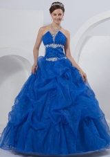 Ball Gown Strapless Floor-length Quinceanera Dress Royal Blue Organza Beading and Hand Made Flowers