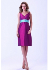 Purple V-neck Bridesmaid Dresses With Blue Belt Knee-length Taffeta