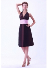 Halter Brown Bridesmaid Dresses With Pink Belt Knee-length Taffeta