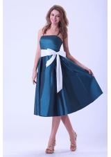 Spaghetti Straps Bridesmaid Dresses With White Sash Bowknot Tea-length Taffeta