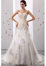 Custom Made A-line Straps Appliques Decorate Wedding Dress With Court Train In 2013