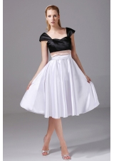 White and Black Satin Knee-length 2013 Prom Dress Cap Sleeves