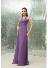 Empire Chiffon Purple V-neck Bridesmaid Dress Ruched Floor-length