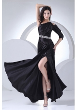 Beading Decorate Wasit High Slit Black Elastic Woven Satin Ankle-length One Shoulder 2013 Prom Dress