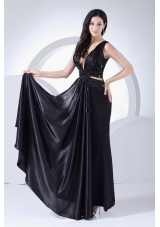 Sexy Prom Dress For 2013 V-neck Black Elastic Woven Satin Ankle-length