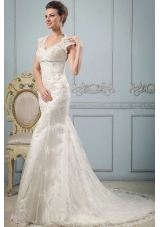 Luxurious Mermaid 2013 V-neck Wedding Dress With Lace and Beading
