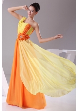 Hand Made Flowers With Beading and Ruching Decorate Bodice Orange and Yellow Chiffon Prom Dress Floor-length