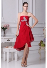 Appliques Decorate Bodice Strapless Chiffon Asymmetrical Wine Red 2013 Prom Dress