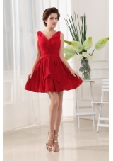 Red V-neck and Ruch For Prom Dress With Mini-length and Chiffon