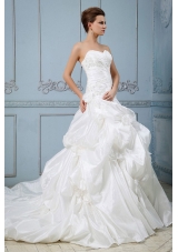 New Arrival 2013 Wedding Dress With Sweetheart Pick-ups Ball Gown Appliques and Hand Made Flower Court Train
