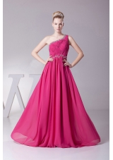 One Shoulder and Ruched Bodice For Hot Pink Prom Dress With Beading