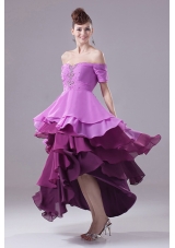 Amazing Colorful Prom Dress With Off The Sholulder Beading Ruffled Layers and High-low