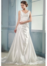 Luxurious Wedding Dress With V-neck Ruching Court Train Taffeta
