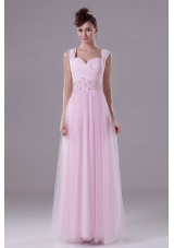 Pink Custom Made Prom Dress With Square Beading Tulle and Floor-length