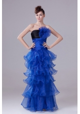 Royal Blue Prom Dress With Hand Made Flowers Ruffled Layers and Ruch