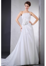 Elegant Wedding Dress With Hand Made Flower Ruching Chapel Train For Custom Made