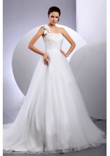 2013 Custom Made A-line Wedding Dress With One Shoulder Hand Made Flower Court Train