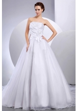 2013 Wedding Dress With Hand Made Flower and Ruching A-line Cathedral Train