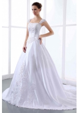 2013 Custom Made Embroidery Wedding Dress With Straps Cathedral Train A-line