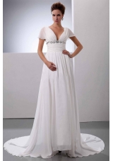 Beading V-Neck Court Train Chiffon Wedding Dress Empire