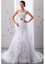 Elegant A-Line / Princess Strapless Tulle Appliques and Beading Court Train Wedding Dress