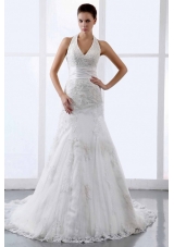 Halter Appliques Tulle Court Train Modern Wedding Dress