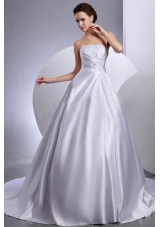 Strapless Ball Gown Hand Made Flowers Chapel Train Wedding Dress