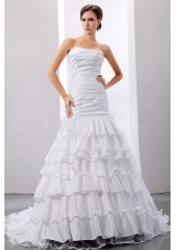 Ruffles and Ruched Mermaid Taffeta Strapless Court Train Wedding Dress