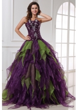 Green and Purple Strapless Rhinestone Quinceanera Dress with Organza