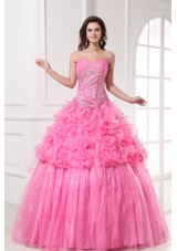 Rose Pink Sweetheart Appliques and Rolling Flowers Quinceanera Dress