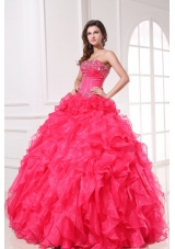 Strapless Organza Coral Red Quinceanera Dress with Beading and Ruffles