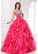 Sweetheart Beading and Ruffles Long Hot Pink Quinceanera  Dress