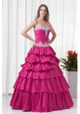 A-line Sweetheart Hot Pink Taffeta Appliques Long Quinceanera Dress